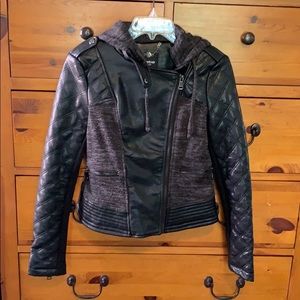 Black faux stitched leather with terry panels